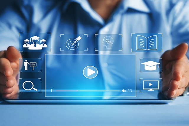 A user navigating an online learning platform, with icons for courses, videos, and resources.